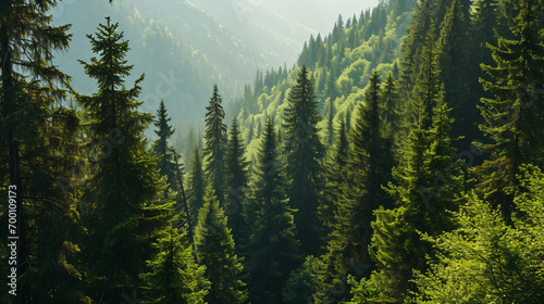 Healthy green trees in a forest of old spruce
