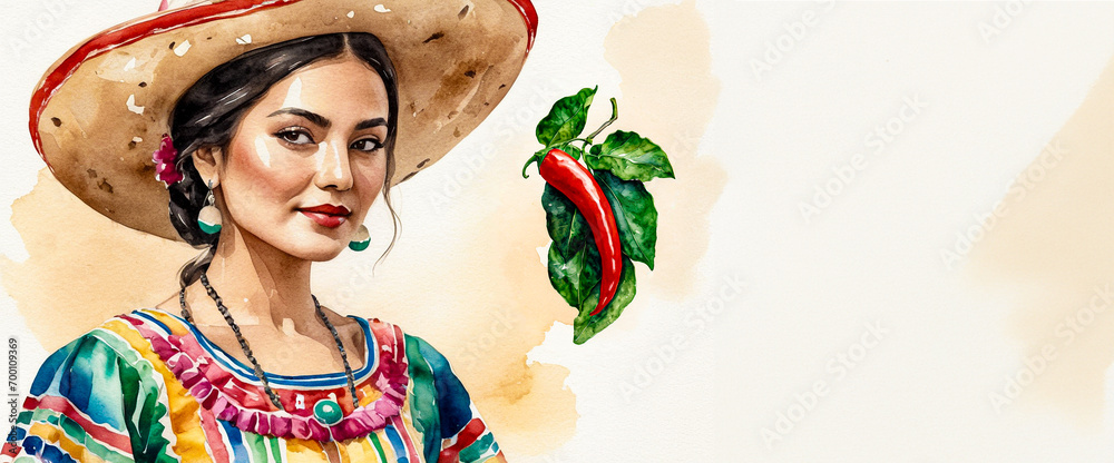 Cinco de mayo greeting card illustration - Watercolor painting of a latina with colorful dress, isolated on white background texture - obrazy, fototapety, plakaty 