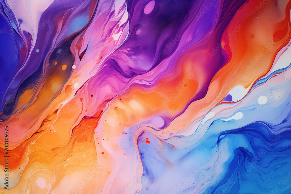 Vibrant and abstract background featuring fluid art. Trendy neon gradient in orange with a marble effect in purple, orange and blue. Bright stylish backdrop for websites, postcards and screen