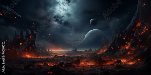 fantasy background of a vulcanic burning planet with two moon
