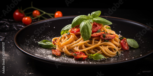 A plate of spaghetti pomodoro with tomato sause fresh basil leaves and parmezan on a black plaet in an elegant italian restaurant  