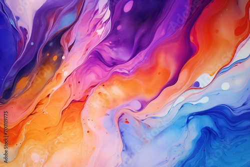 Vibrant and abstract background featuring fluid art. Trendy neon gradient in orange with a marble effect in purple, orange and blue. Bright stylish backdrop for websites, postcards and screen photo