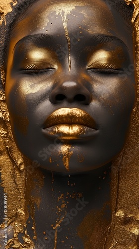 Close-up artistic portrait of a beautiful black woman, face with closed eyes and golden paint, peaceful serene African lady looking quiet, meditative, calm and inspirational, beauty symbol 