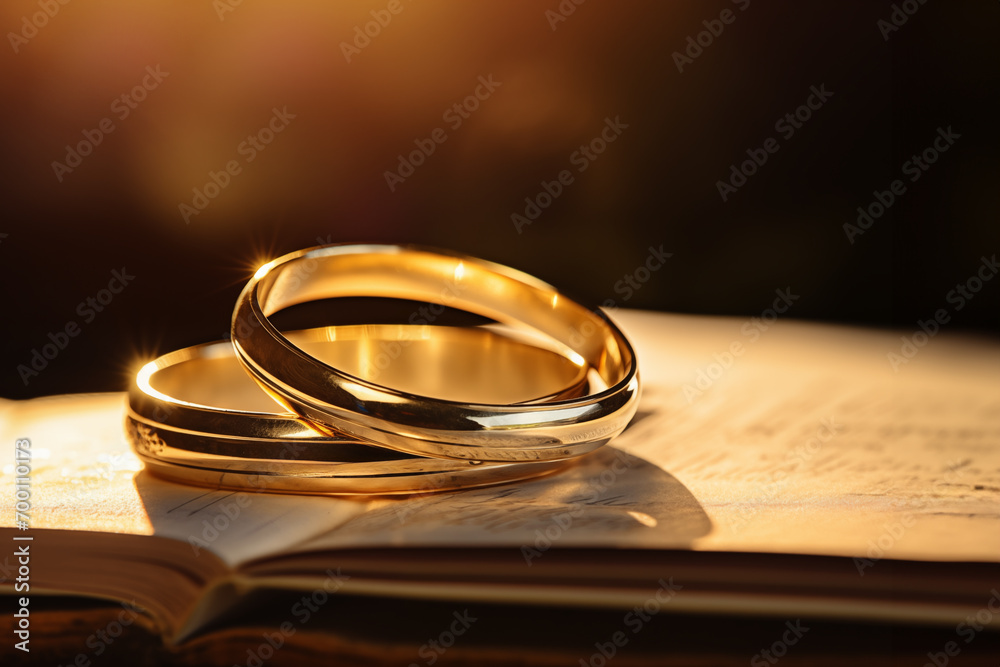 Generative AI image of two golden wedding rings on an open book with sunlight symbolizing love and the bond of marriage - obrazy, fototapety, plakaty 