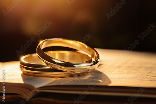 Generative AI image of two golden wedding rings on an open book with sunlight symbolizing love and the bond of marriage photo