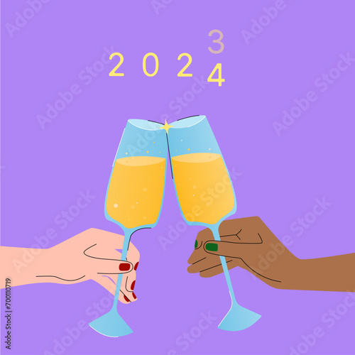 An illustration with the clinking of beautiful champagne glasses for New Year 2024