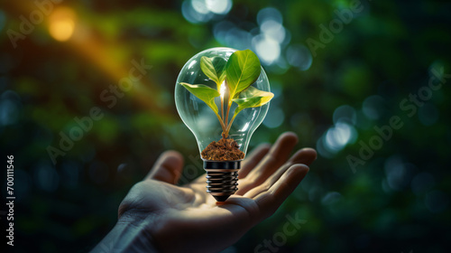 Holding light bulb against nature on green leaf
