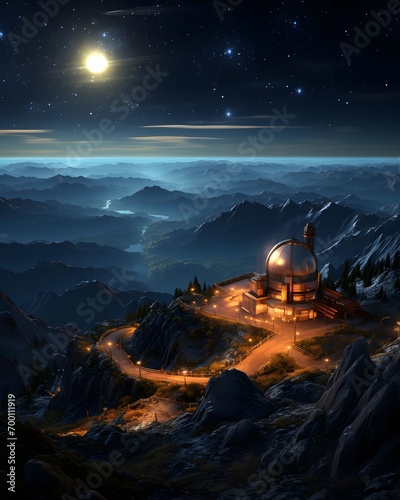 Fantasy alien planet. Mountain and moon. 3D illustration.