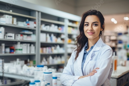 Pharmacy Care in Focus: Portrait of a Female Pharmacist Assisting at the Counter