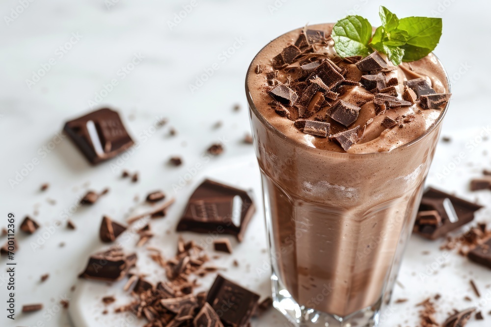 Chocolate milkshake or smoothie with pieces of chocolate on a white background. Chocolate milkshake or smoothie with pieces of chocolate on a white background.
