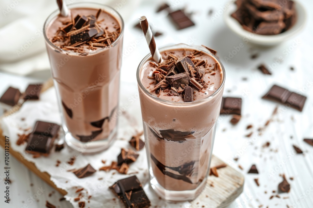 Chocolate milkshake or smoothie with pieces of chocolate on a white background. Chocolate milkshake or smoothie with pieces of chocolate on a white background.