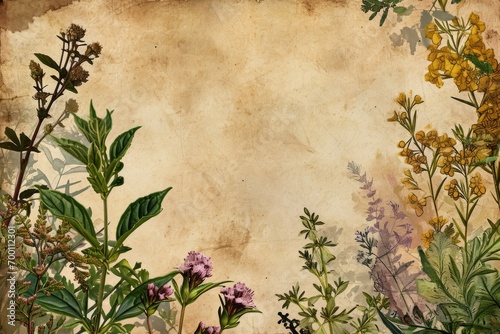 Medicinal herbs along the edge of the paper for the background for the letter. Herbal herbarium, copy space