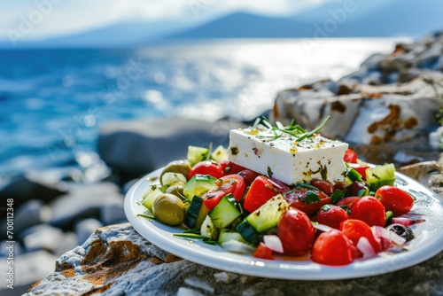 Greek salad with tomatoes, cucumbers, white feta cheese, olives and the sea in the background photo