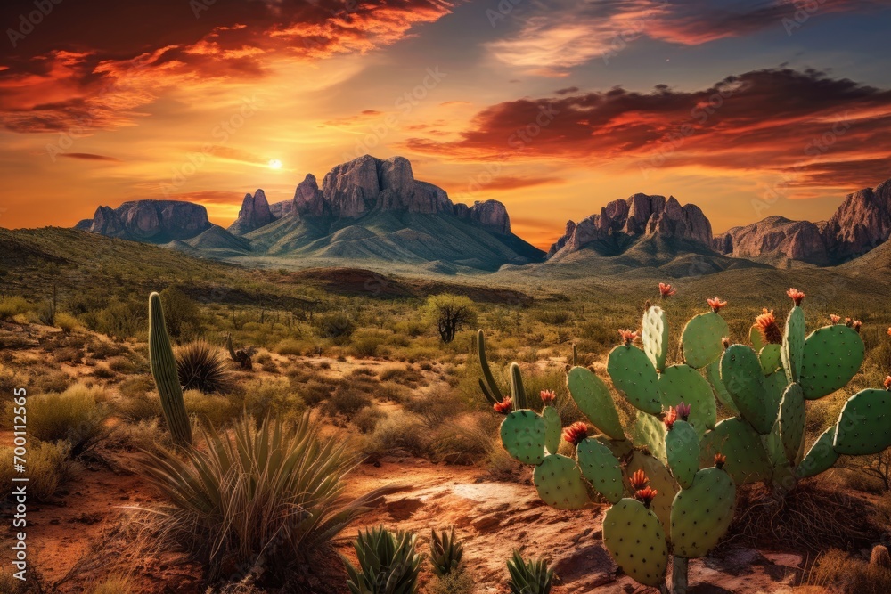 Wild West Texas desert landscape with sunset with mountains and cacti. - obrazy, fototapety, plakaty 