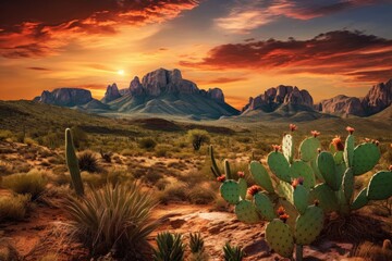 Keuken achterwand Bruin Wild West Texas desert landscape with sunset with mountains and cacti.  © Lubos Chlubny