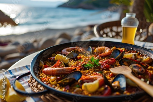 Traditional seafood paella in the pan on a table by the sea. photo