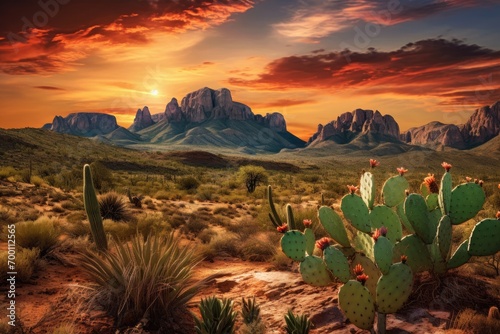 Wild West Texas desert landscape with sunset with mountains and cacti. photo