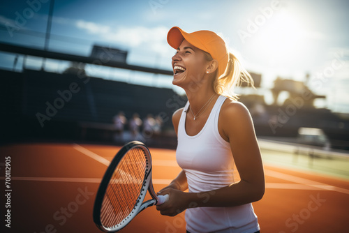 Happy female tennis player with a racket in her hands on the map. © Dzmitry