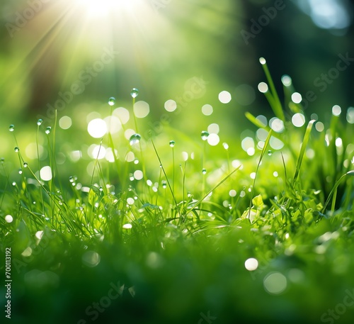 a close up of grass with dew drops