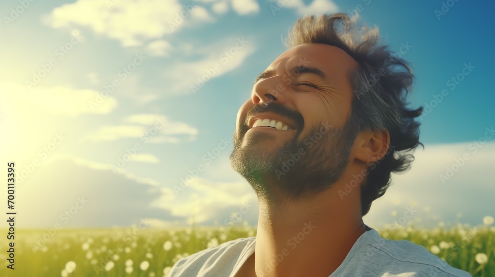 a man with his eyes closed in a field of flowers a man with his eyes closed in a field of flowers