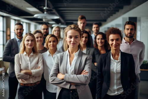 business girl heads a colossal corporate company alongside the executive chief, leading a diverse team of professionals with a dynamic and inclusive approach. Generative AI.