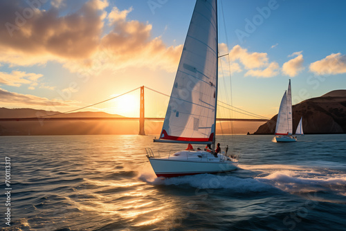 Sailing yachts with white sails at sea at sunset.