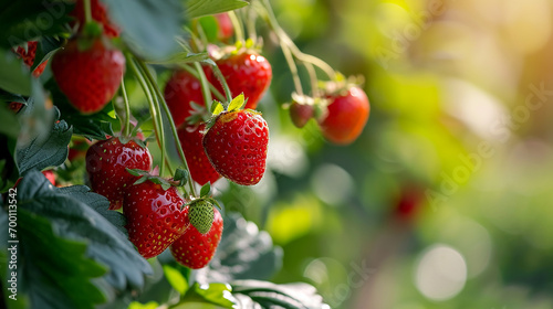 Juicy fresh ripe strawberries on a branch in nature outdoors close-up macro. Beautiful berries strawberries with leaves on a light green natural background. Made with generative ai