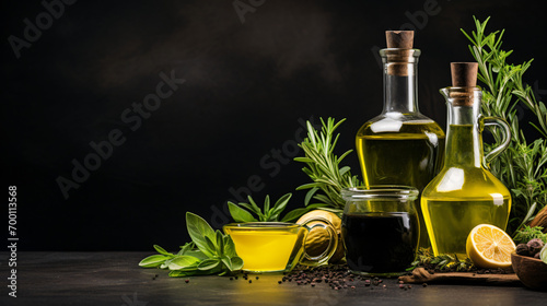 Golden olive oil bottles with olives leaves