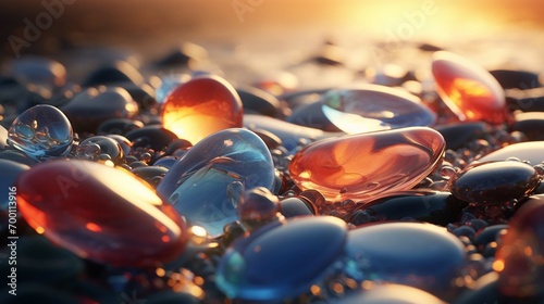 close up of beach with multi shinning stones 