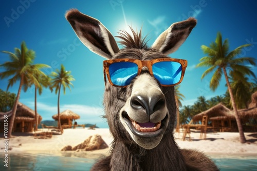 portrait of a donkey in colourful sunglasses photo