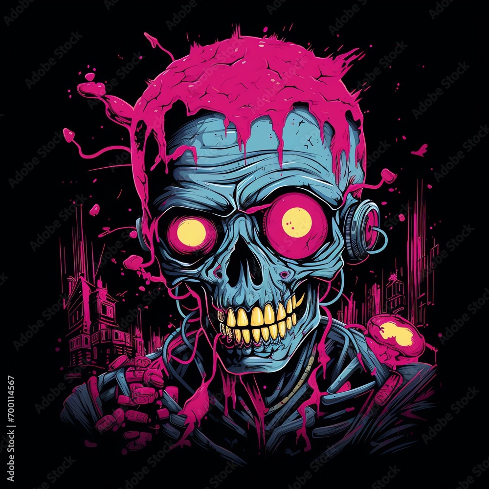 a cartoon of a skeleton with pink eyes