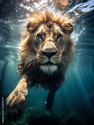 a lion swimming underwater with sunlight shining through the water