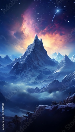 a mountain range with clouds and sun