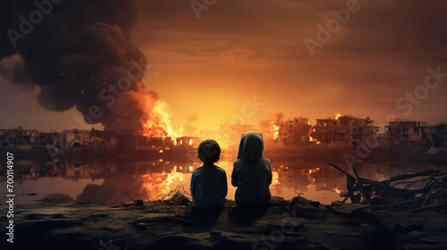 kids sitting in front of city burned destruction