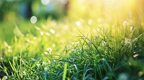 Frühlingshintergrund oder Sommerhintergrund mit frischem Gras, KI-Technologie photo