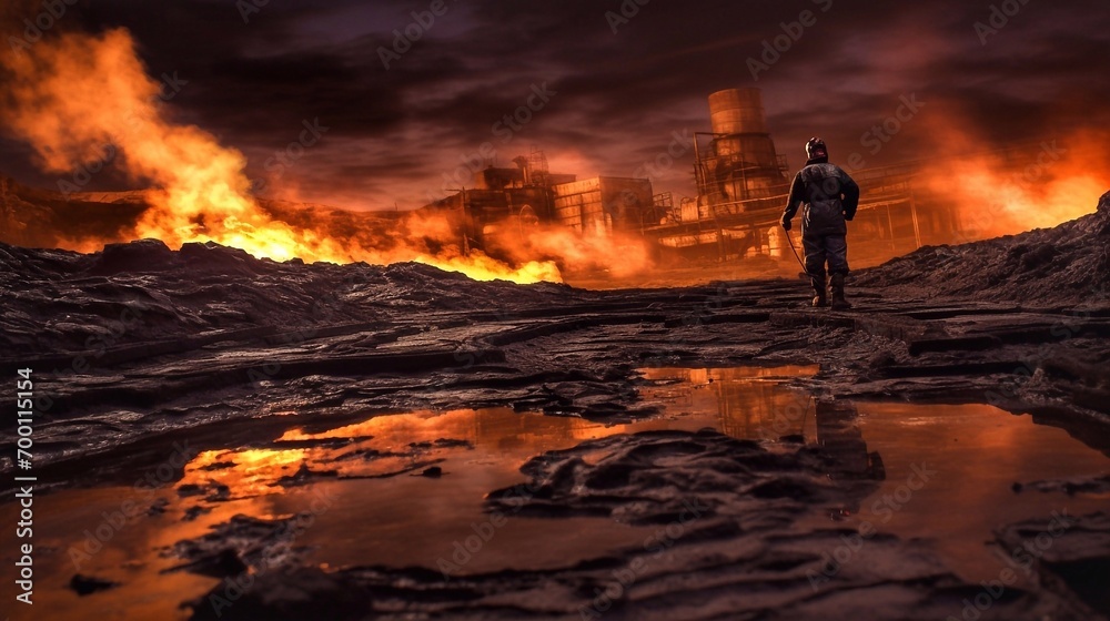 An oil refinery worker walks across oil-contaminated land to burning oil wells. A man stands in front of a burning factory.