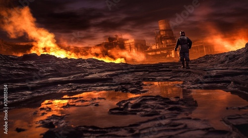 An oil refinery worker walks across oil-contaminated land to burning oil wells. A man stands in front of a burning factory. © Oleh