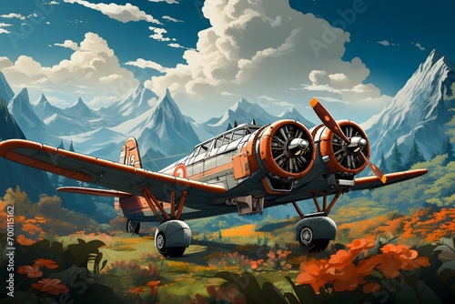 vintage airplane in the mountains - 3d digitally rendered illustration.
