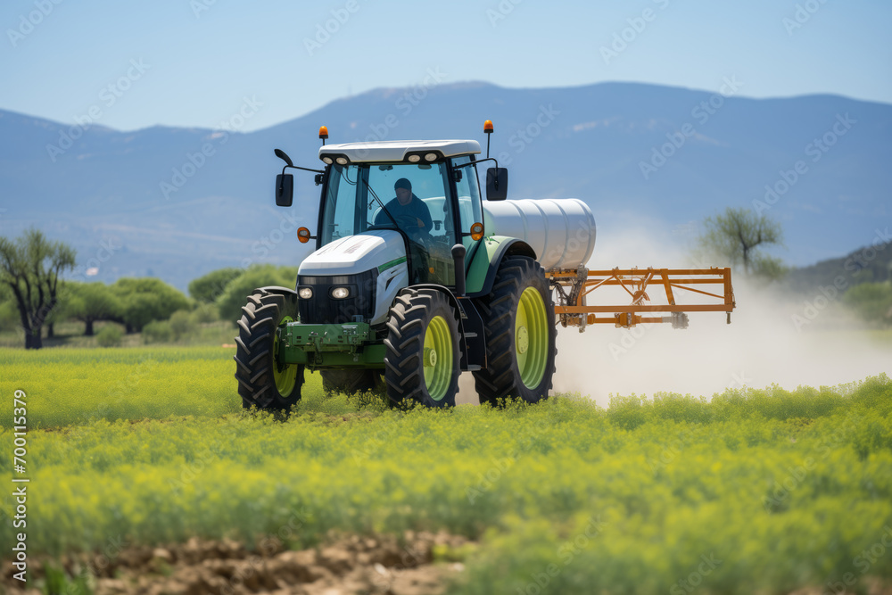 A tractor sprays pesticides on a field using a sprayer. A tractor sprays pesticides on a field using a sprayer.