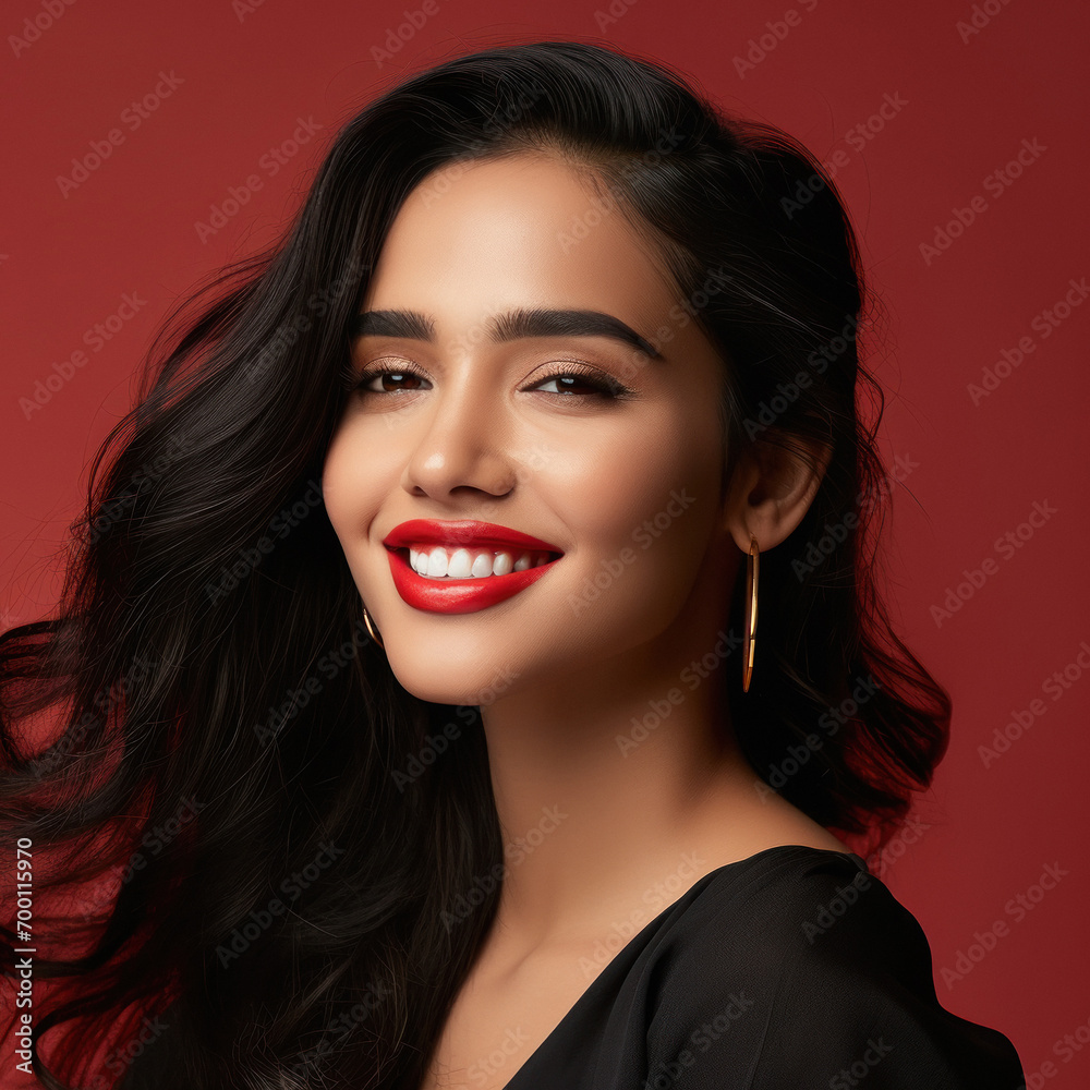 young indian smiling woman with a red lipstick on lips