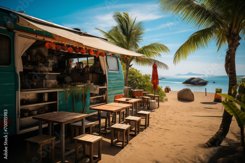 A mobile cafe on wheels stands on the beach by the sea