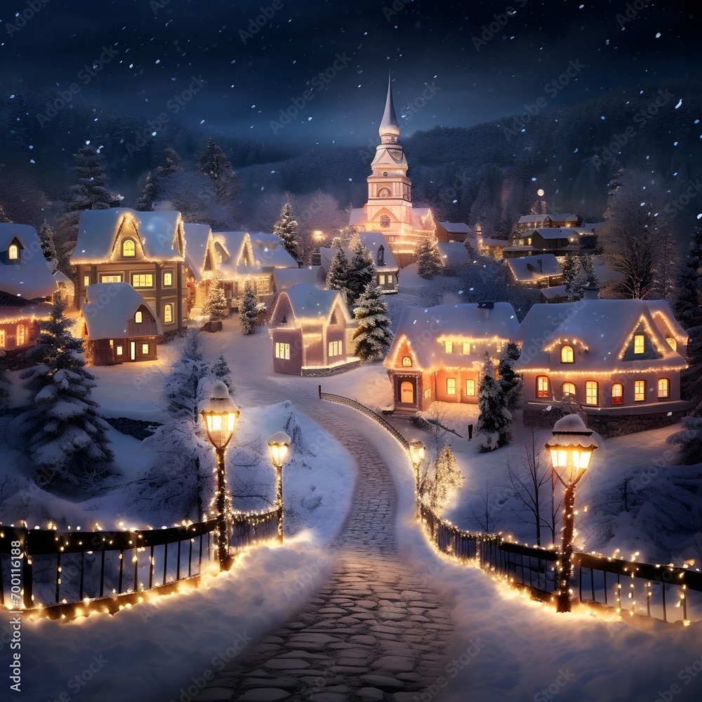 Winter village at night with lights and lanterns. Digital painting.
