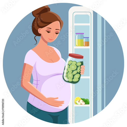 A pregnant woman takes out a jar of pickles from the refrigerator. The concept of proper nutrition during pregnancy, the desire to eat salty foods. Health and medicine concept during pregnancy