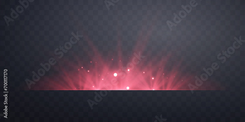 Red horizontal lensflare. Light flash with rays or spotlight and bokeh. Red glow flare light effect. Vector illustration. Isolated on dark transparent background