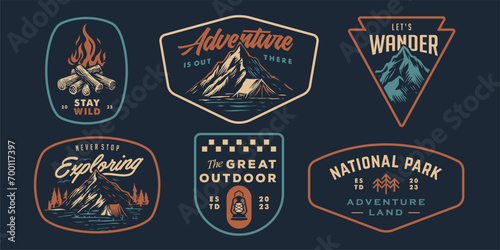 mountain adventure hipster logos. Set of Vintage Outdoor mountains Summer Camp badges or Patches. vector emblem designs. Great for shirts, stamps, stickers logos and labels. photo