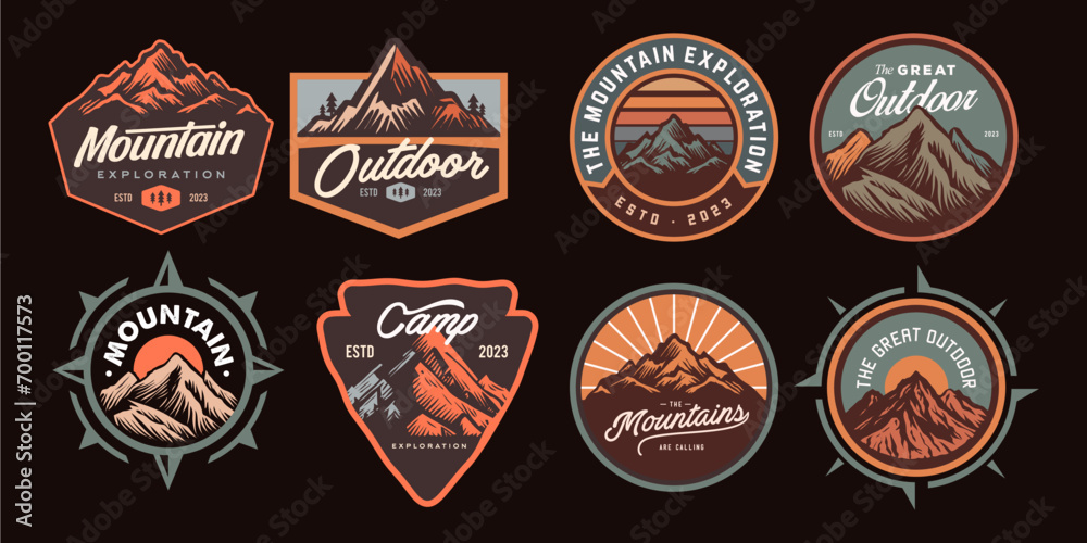 mountain adventure hipster logos. Set of Vintage Outdoor mountains Summer Camp badges or Patches. vector emblem designs. Great for shirts, stamps, stickers logos and labels. - obrazy, fototapety, plakaty 