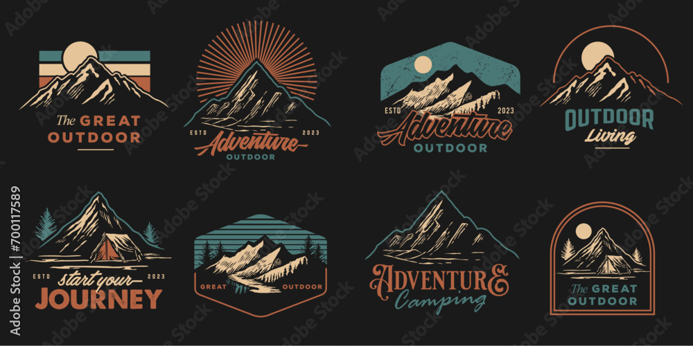 mountain adventure hipster logos. Set of Vintage Outdoor mountains Summer Camp badges or Patches. vector emblem designs. Great for shirts, stamps, stickers logos and labels. - obrazy, fototapety, plakaty 