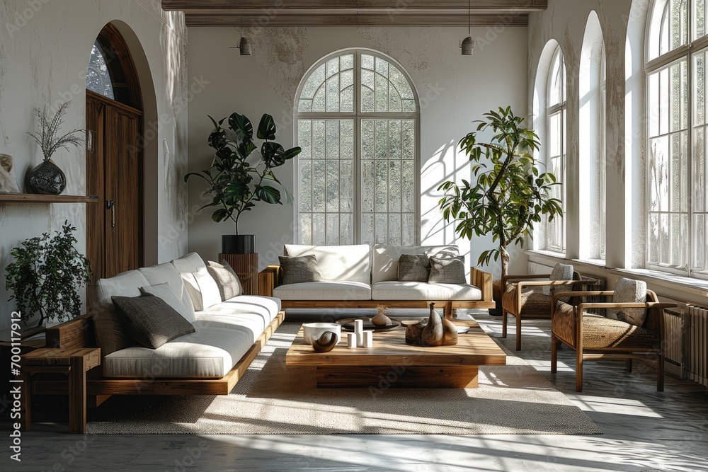 Fototapeta premium living room with neutral wood and white furniture inspiration ideas