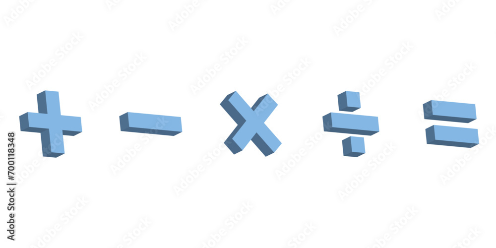 Five 3d colorful math symbols. Plus, minus, multiplication, divide and equal symbol. Scientific resources for teachers and students. Vector illustration isolated on white background. Five 3d colorful math symbols. Plus, minus, multiplication, divide and equal symbol. Scientific resources for teachers and students. Vector illustration isolated on white background.