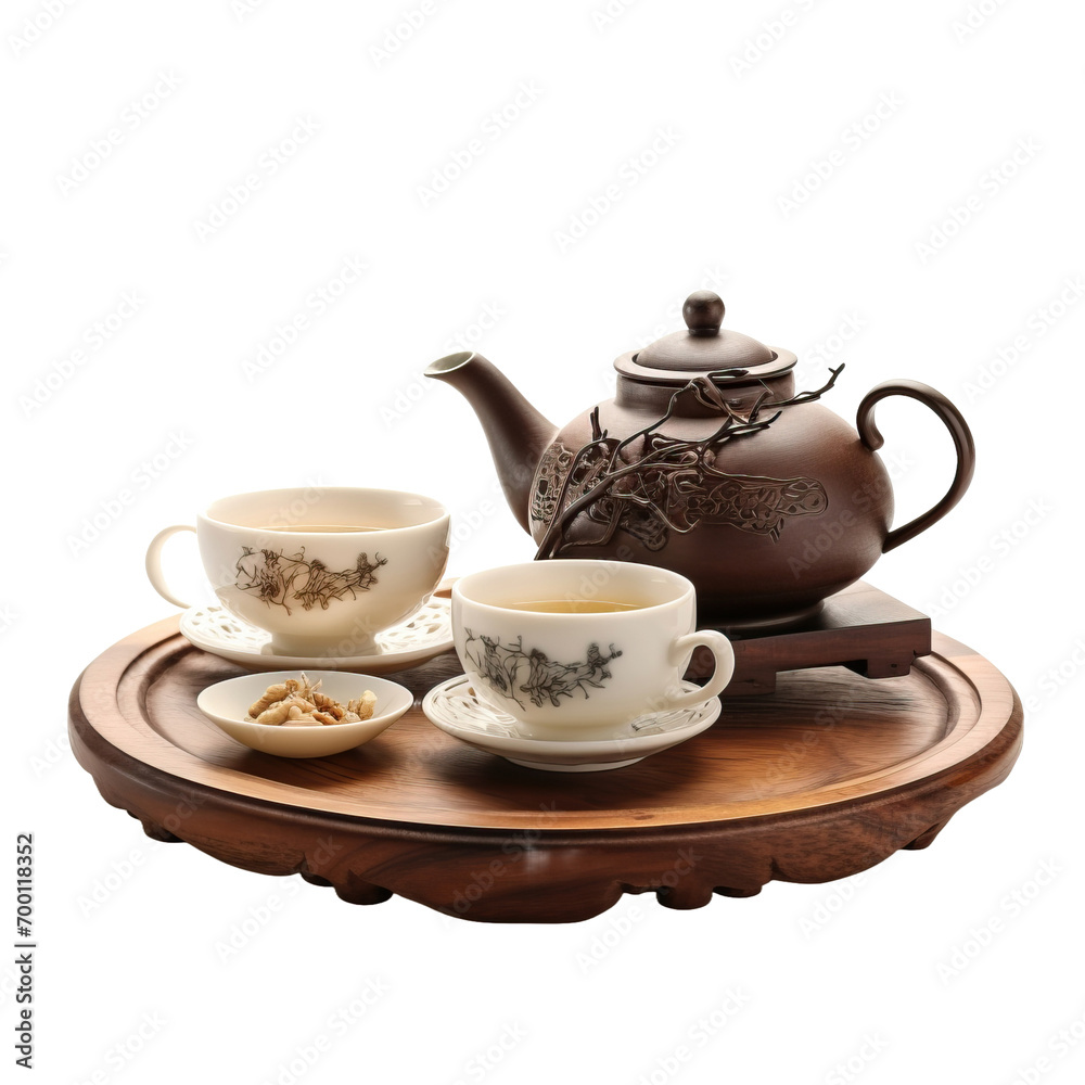 Isolated on white there is a Chinese teapot and teacups with a wooden trivet on white background
